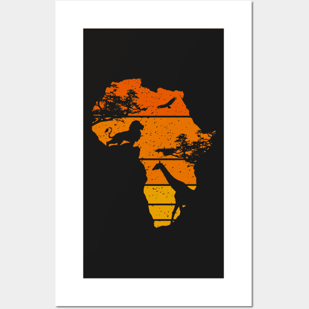 Africa Map African Safari | Lion Giraffe | Vintage Sunset Wall Art by BraaiNinja